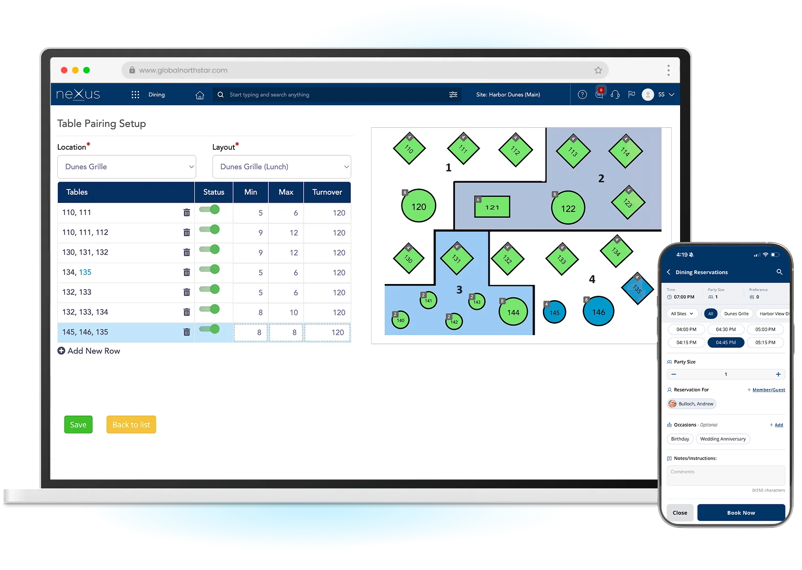 Northstar dining reservations table pairing setup and member app booking screen